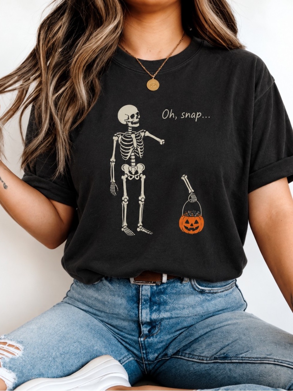 Oh Snap Skeleton Halloween Graphic T-Shirt Black Unisex